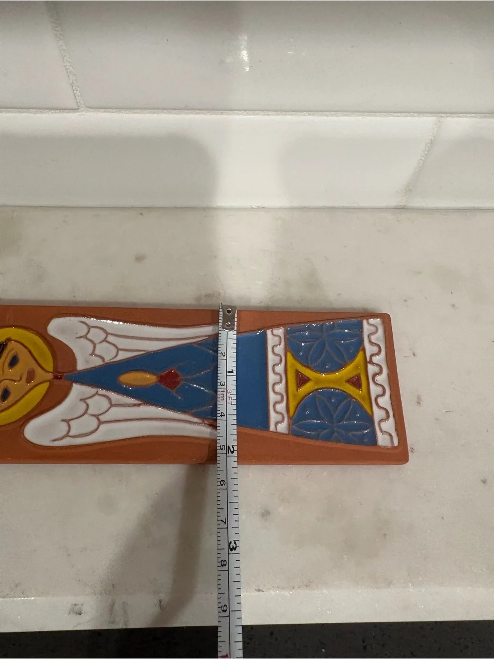 Hand-Painted Terracotta Angel Wall Plaque in Blue, White & Yellow Italy - Picture 7 of 7